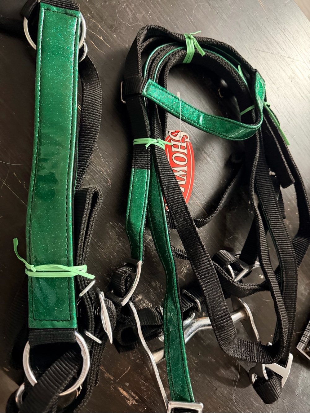 Black Nylon Pony Complete Bridle headstall reins-breastcollar set Green Sparkle